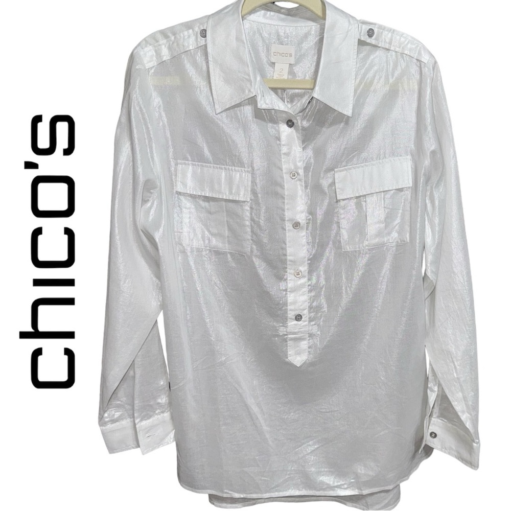 NWT CHICO'S Top Blouse Shirt Women's Size Large White Silver Shimmer